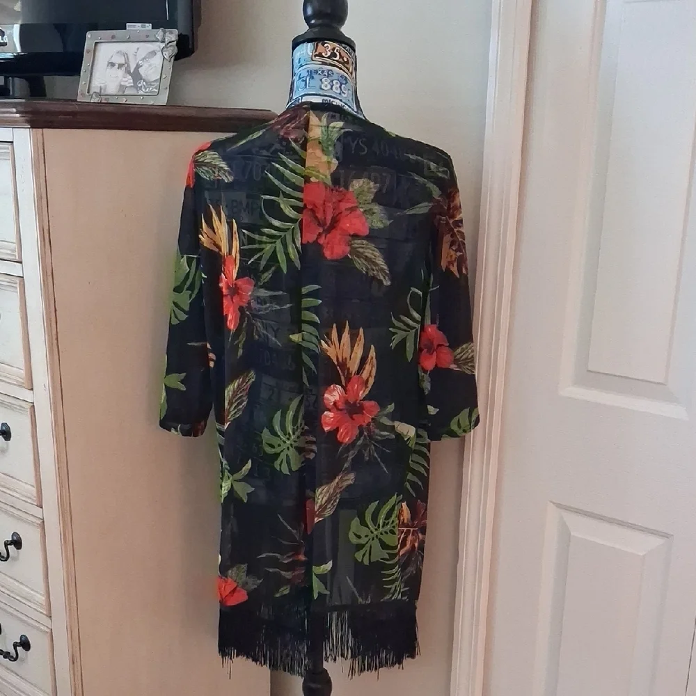 Floral Black Kimono with Fringe - Picture 3 of 3